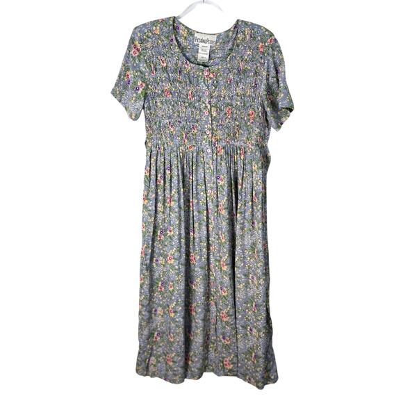 Vintage 90s Piccalino Petites Floral Midi Dress Smocked Button Front Cottagecore - Picture 1 of 7